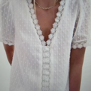 Dokotoo Women's V Neck Lace Crochet Tunic Tops Flowy Casual Blouses Shirt